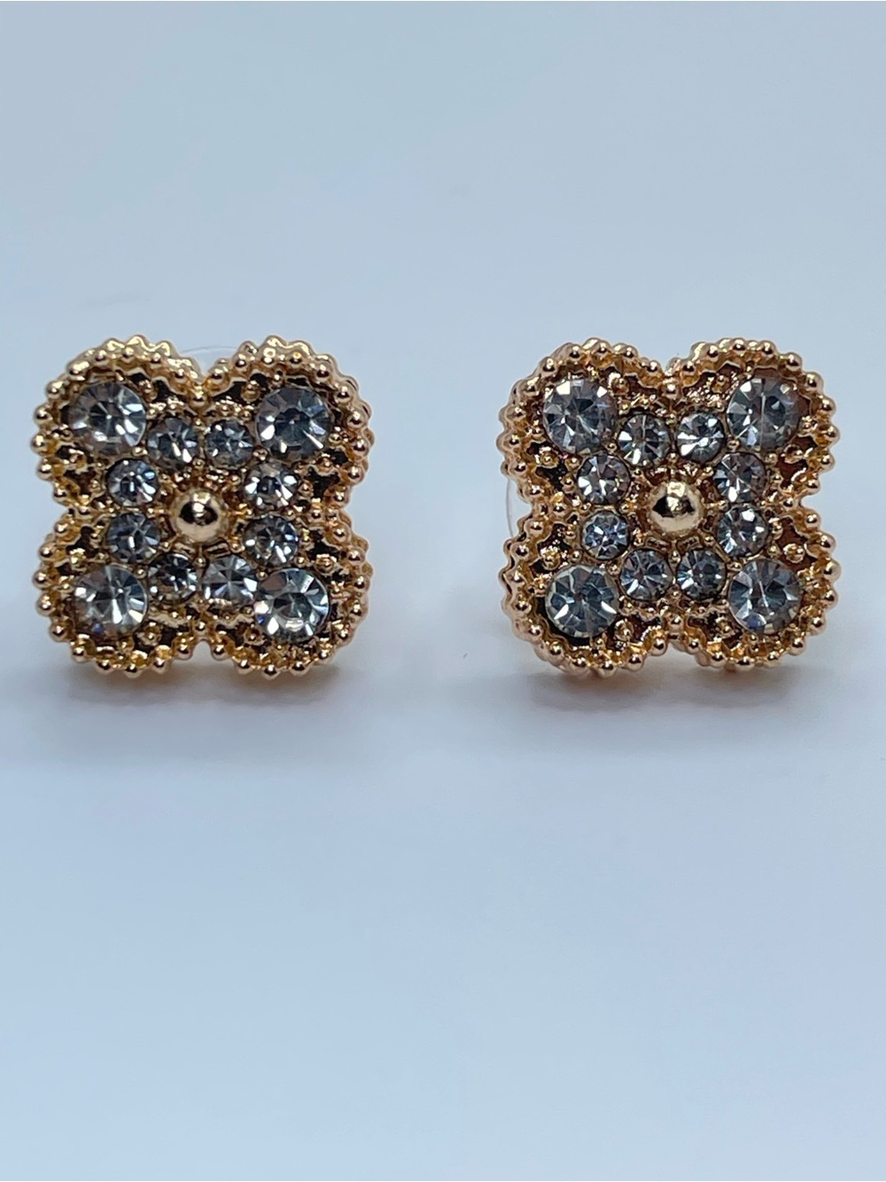 Gold Diamond White Crystal Cluster Stud Earrings Square Halo Sparkle